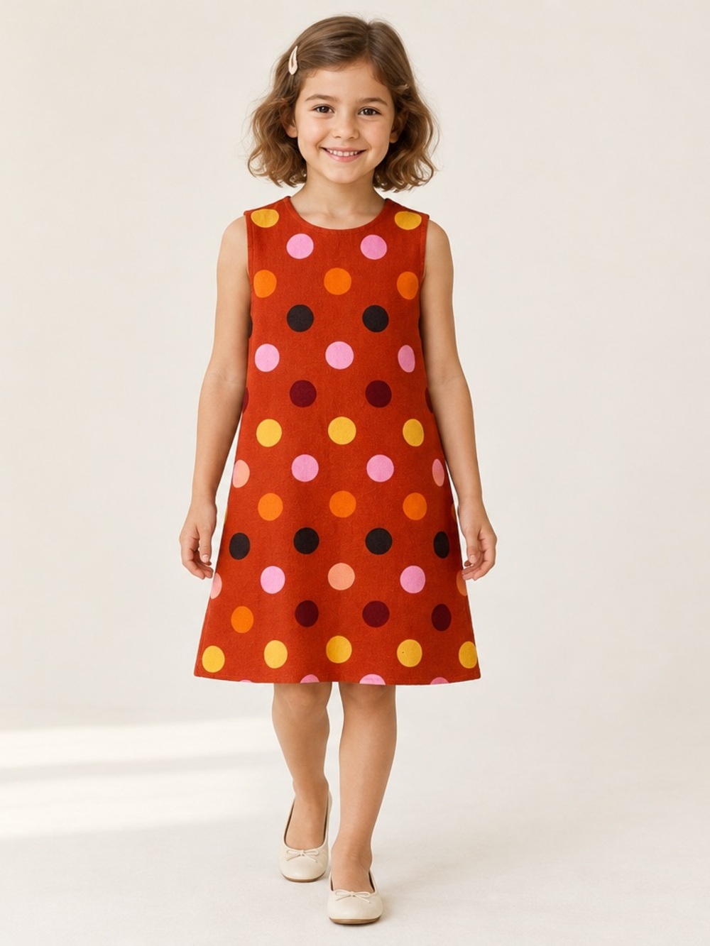 GB girls Red Corduroy Polka Dot Shift Dress with Pink, Yellow & Orange Dots